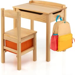 Children's Table with Chair, Children's Furniture Set Made of Solid Wood with Folding Table Top and Storage Space, Children's