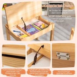 Children's Table with Chair, Children's Furniture Set Made of Solid Wood with Folding Table Top and Storage Space, Children's