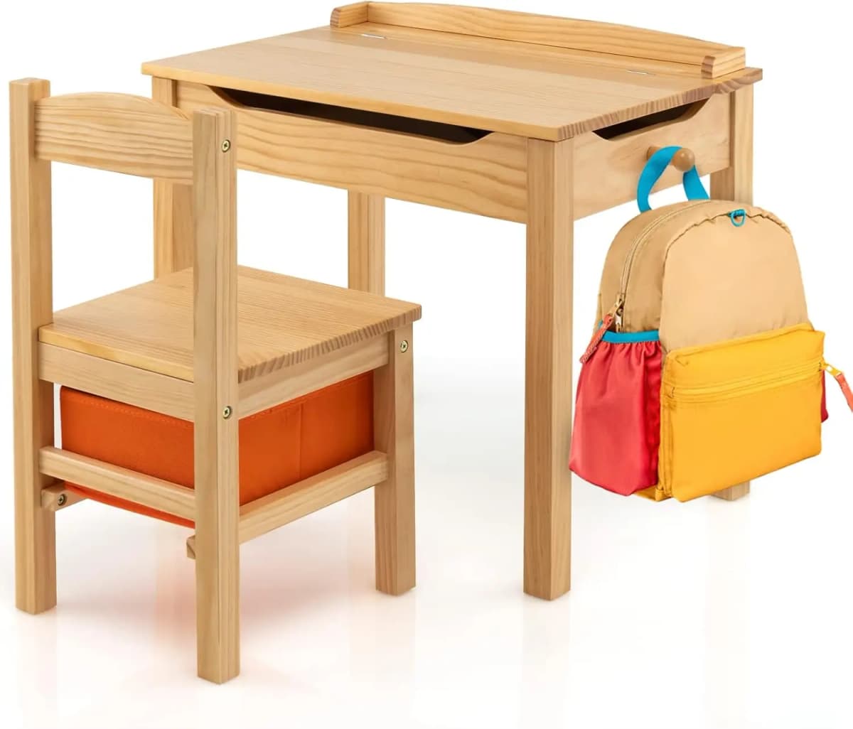 Children's Table with Chair, Children's Furniture Set Made of Solid Wood with Folding Table Top and Storage Space, Children's