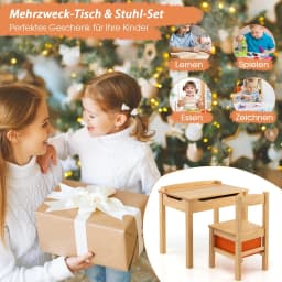 Children's Table with Chair, Children's Furniture Set Made of Solid Wood with Folding Table Top and Storage Space, Children's