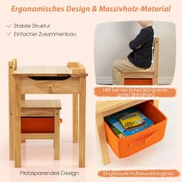 Children's Table with Chair, Children's Furniture Set Made of Solid Wood with Folding Table Top and Storage Space, Children's