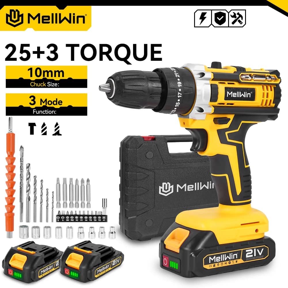 MELLWIN 25+3 Torque Electric Impact Drill 2 Gear Speed 3 Mode Adjustable Electric Screwdriver Tool Set For Makita 18VBattery Pin