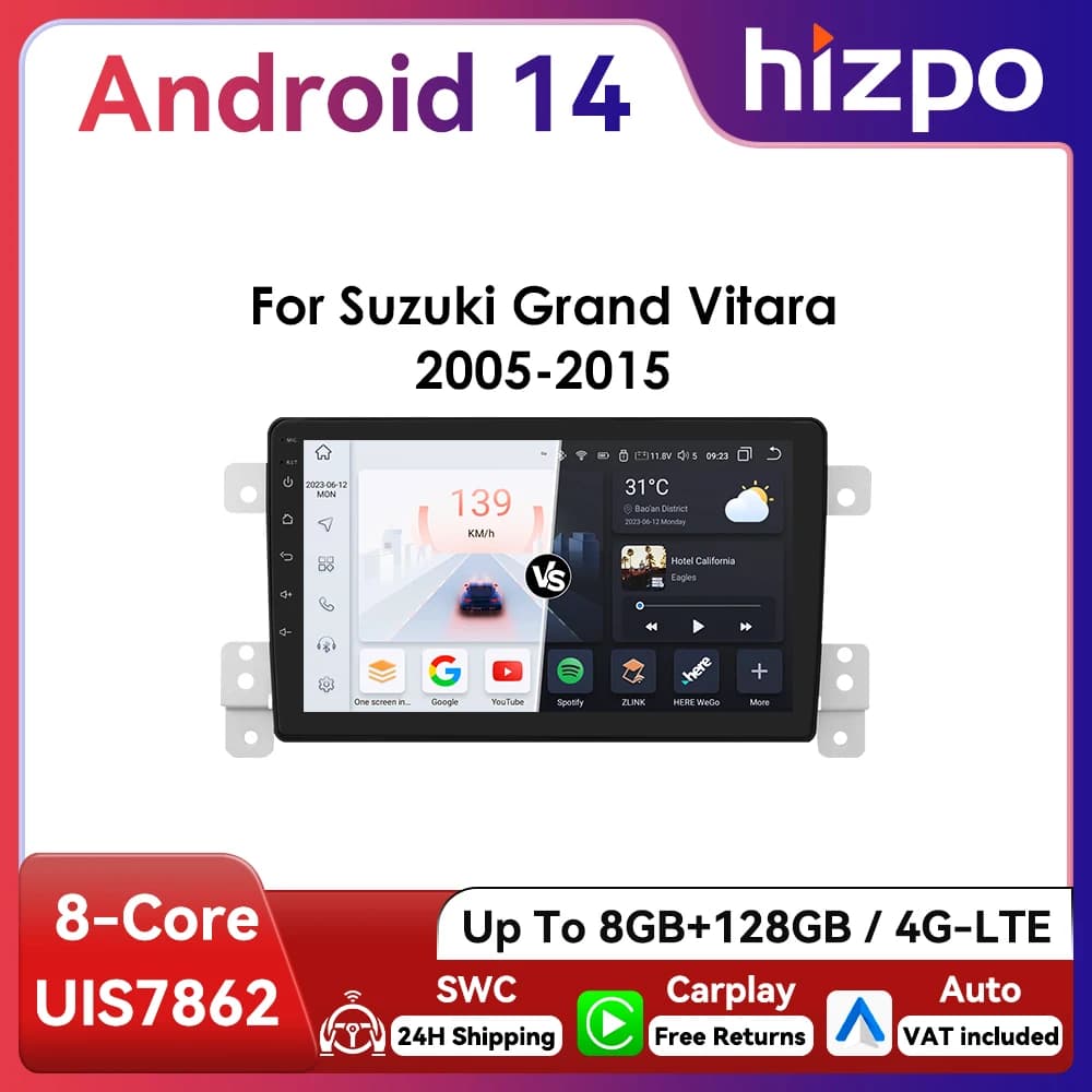 Hizpo 2Din 9inch Android13 Car Radio for Suzuki Grand Vitara 3 2005 - 2015 4G BT Auto CarPlay GPS RDS DSP UI7862 Multimedia