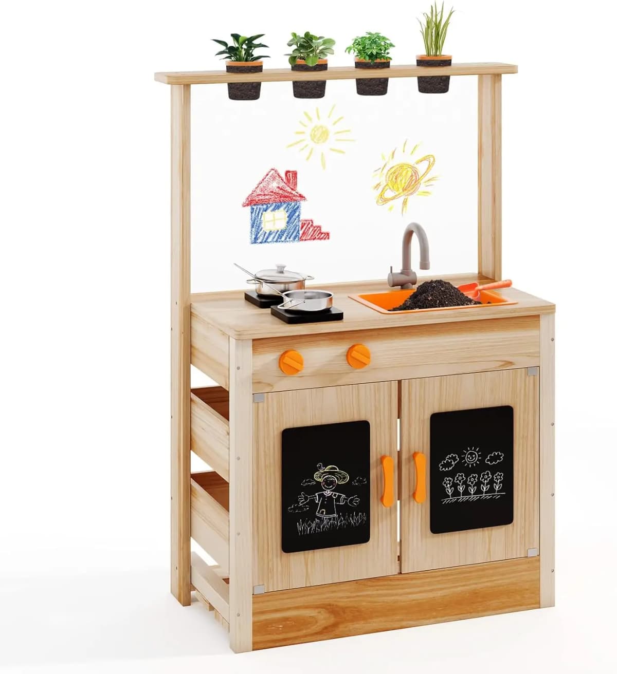 Children's Outdoor Mud Kitchen with Plant Pots & Cooking Accessories,Play Kitchen with Tap,Sink&Boards,for Children from 3 Years