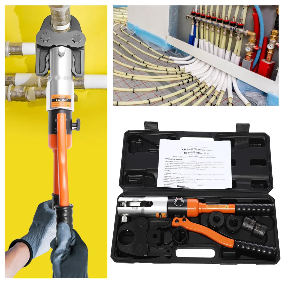 10T Hydraulic Crimping Tool Pliers Set - 4 Dies U16 U20 U25 U32, PEX PB Pipe Tube Crimper with Case, 16-32mm Manual Press Tool