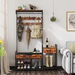 Coat Stand with Shoe Bench, 12 Hooks, Drawer & Shelf, Metal Frame & Faux Leather, for Bedroom & Hallway, Vintage Brown