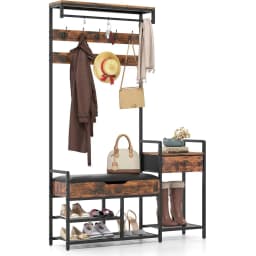 Coat Stand with Shoe Bench, 12 Hooks, Drawer & Shelf, Metal Frame & Faux Leather, for Bedroom & Hallway, Vintage Brown