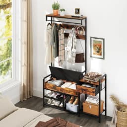 Coat Stand with Shoe Bench, 12 Hooks, Drawer & Shelf, Metal Frame & Faux Leather, for Bedroom & Hallway, Vintage Brown