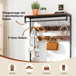 Coat Stand with Shoe Bench, 12 Hooks, Drawer & Shelf, Metal Frame & Faux Leather, for Bedroom & Hallway, Vintage Brown