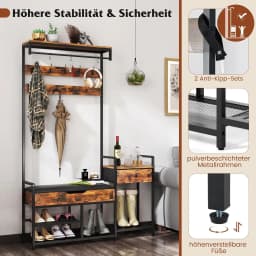 Coat Stand with Shoe Bench, 12 Hooks, Drawer & Shelf, Metal Frame & Faux Leather, for Bedroom & Hallway, Vintage Brown
