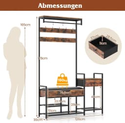 Coat Stand with Shoe Bench, 12 Hooks, Drawer & Shelf, Metal Frame & Faux Leather, for Bedroom & Hallway, Vintage Brown