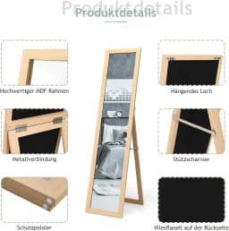 2-in-1 Full Length Mirror, Standing Mirror and Wall Mirror with Wooden Frame, Dressing Mirror 37 x 155 cm, Wardrobe Mirror