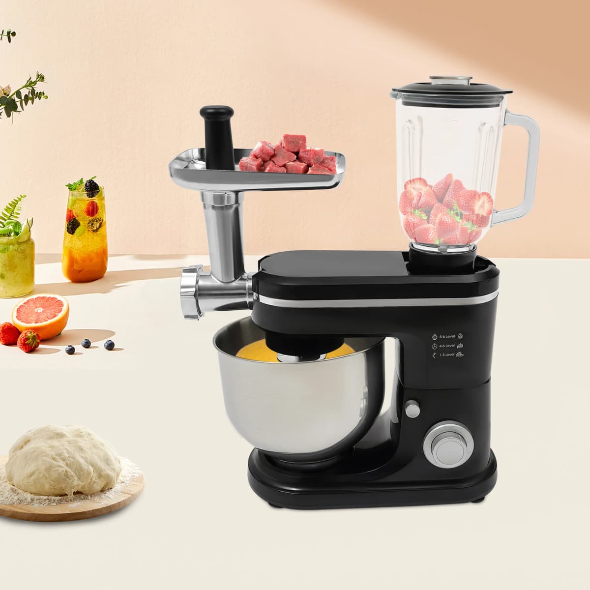 Food Processor Stainless Steel Bowl 6 L 1500 W Dough Hook Beat Whisk Stainless Steel Continuous Shredder StandMixerMultifunction