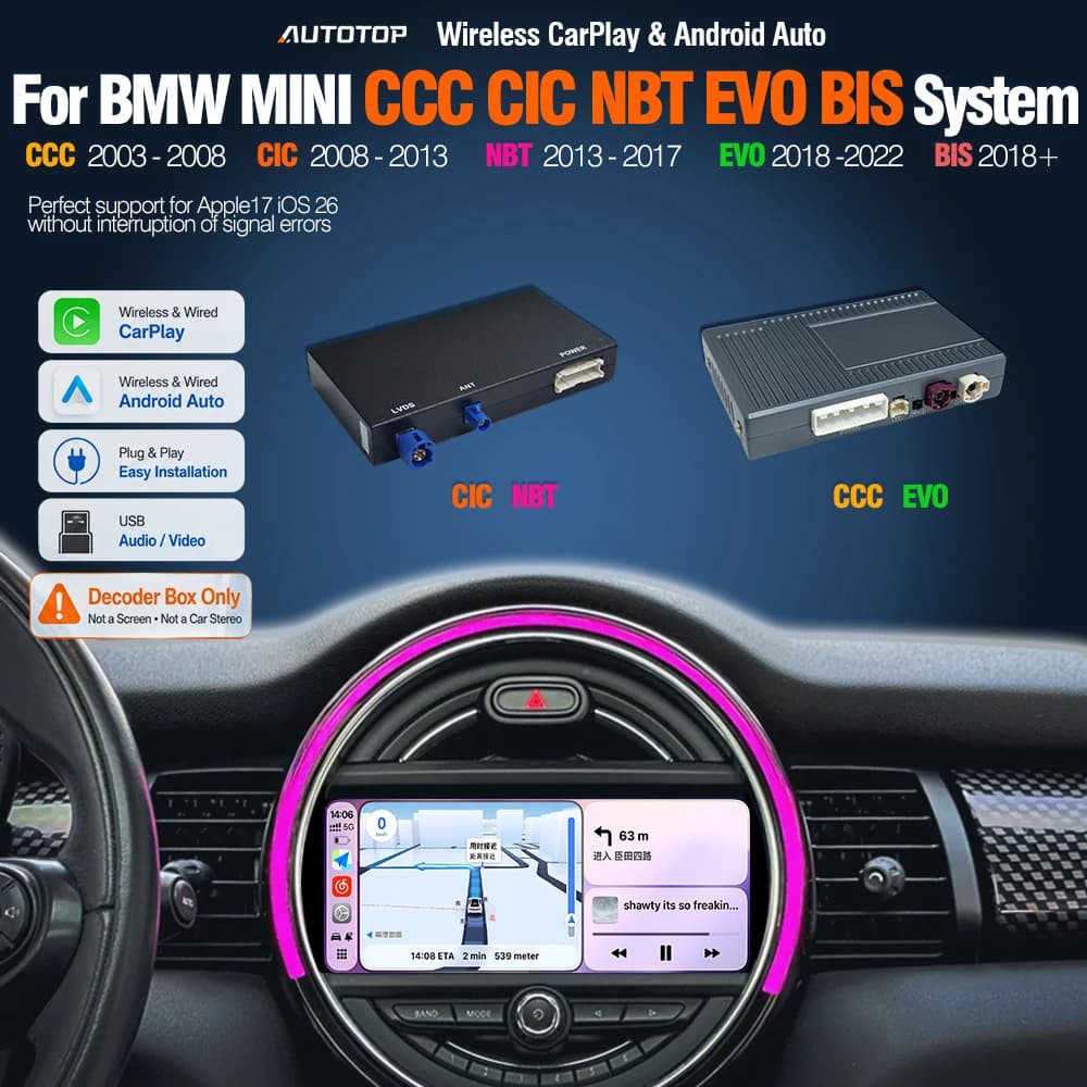AUTOTOP CarPlay Android Auto Decoder Box For BMW Mini R55 R56 R57 R58 R59 R60 R61 F54 F55 Clubman Countryman Hardtop John CCC CIC NBT EVO BIS System