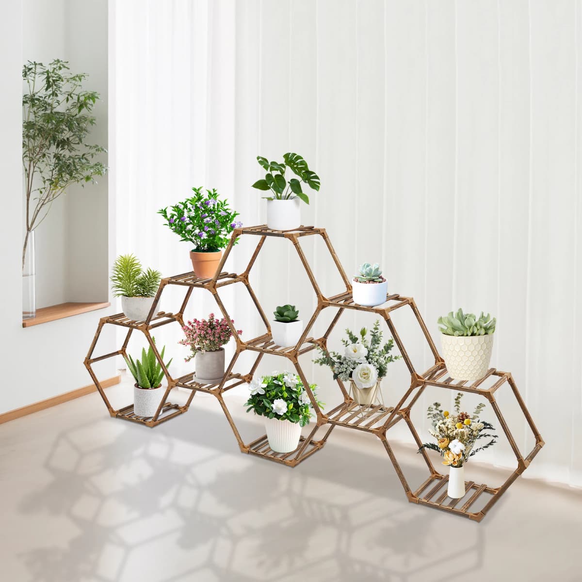 Multi-tier Hexagonal Plant Stand Flower Wood Display Rack Storage Shelf Plant Shelves For Living Rooms Balconies 231*25*97cm