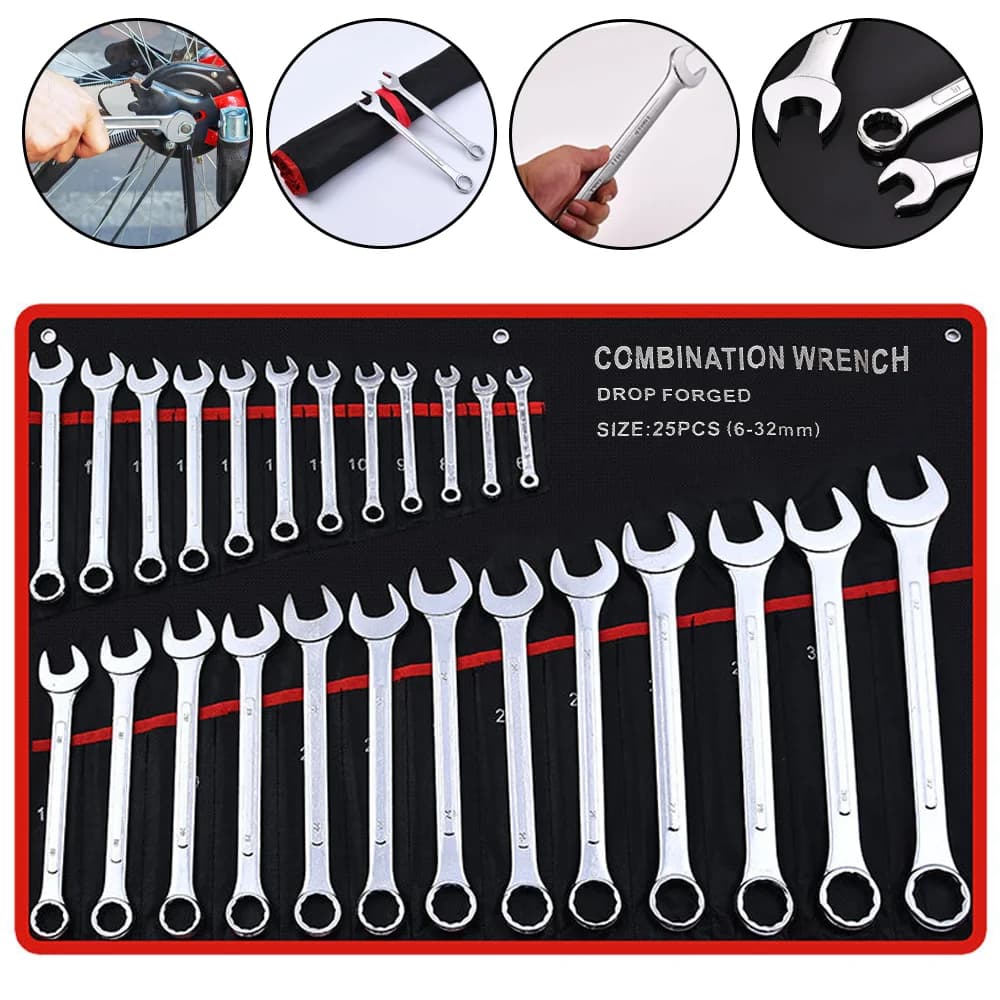 25pc Wrench Set Ultra-thin 6-28/30/32mm Open End Wrench Set Plum Blossom Wrench Dual-purpose Wrench Kit Car Repairing Tools