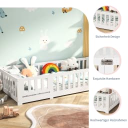 Comanlai Children’s Bed with Fall Protection, Includes Slatted Frame, Floor Bed for Boys and Girls, Solid Pine Wood, White