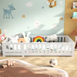 Comanlai Children’s Bed with Fall Protection, Includes Slatted Frame, Floor Bed for Boys and Girls, Solid Pine Wood, White