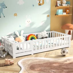 Comanlai Children’s Bed with Fall Protection, Includes Slatted Frame, Floor Bed for Boys and Girls, Solid Pine Wood, White