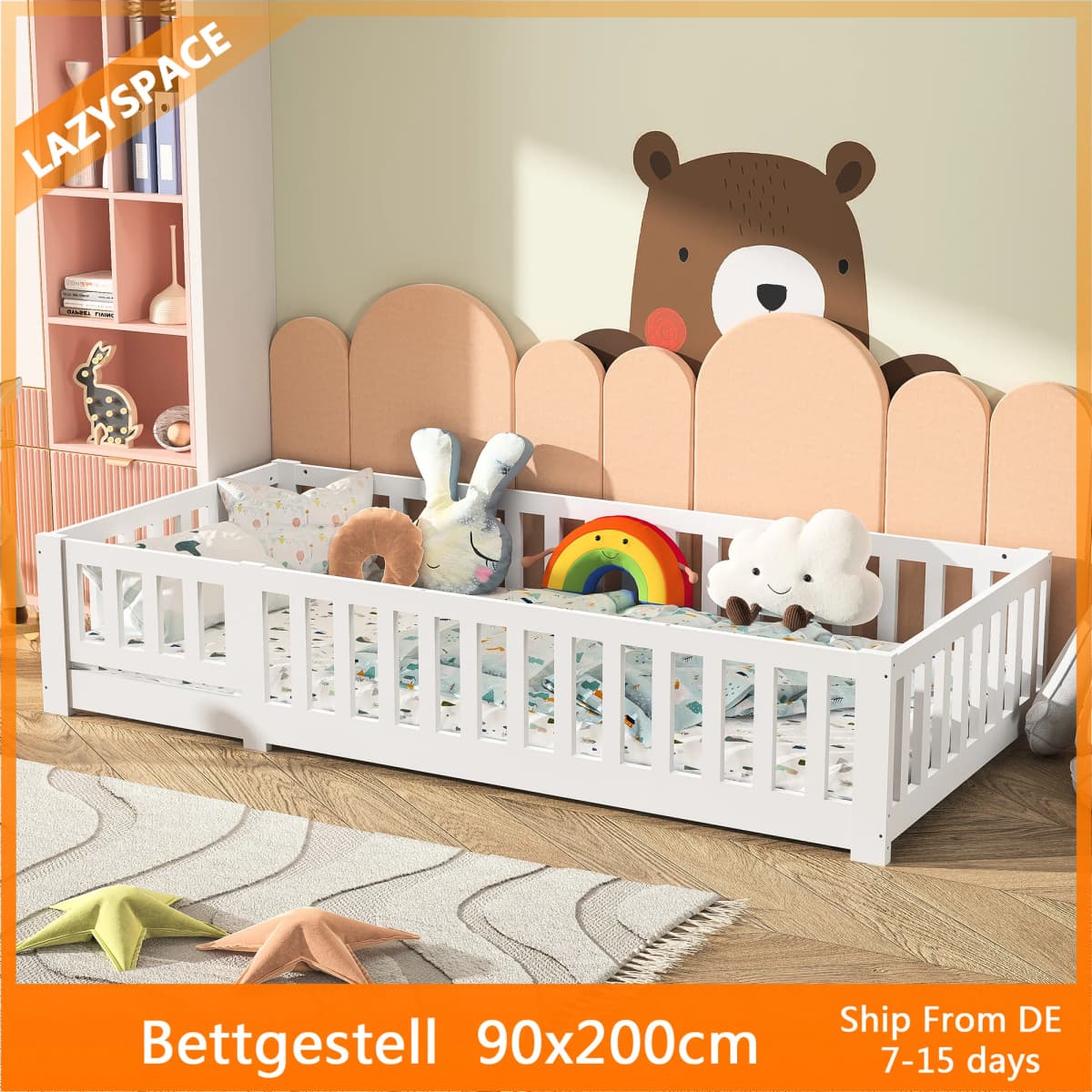 Comanlai Children’s Bed with Fall Protection, Includes Slatted Frame, Floor Bed for Boys and Girls, Solid Pine Wood, White