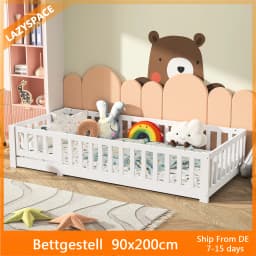 Comanlai Children’s Bed with Fall Protection, Includes Slatted Frame, Floor Bed for Boys and Girls, Solid Pine Wood, White
