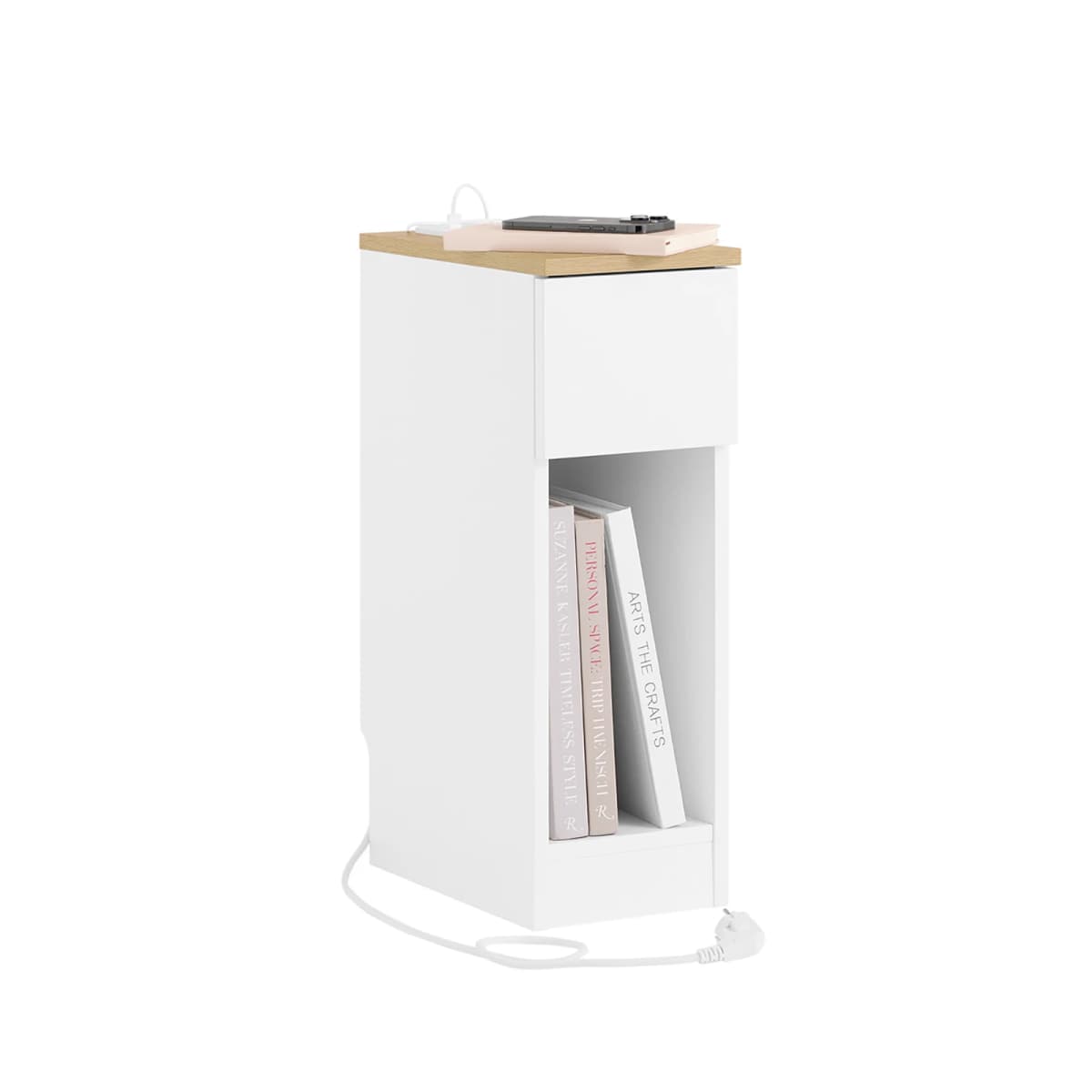 Sobuy Fbt111-E-Wn Narrow Side Table with Standard Power Outlet, USB Port, Type-C Port for Bedroom Living Room White