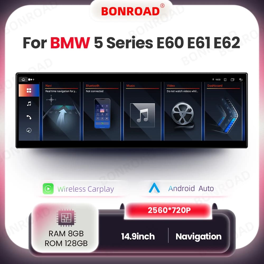 Bonroad 14.9Inch Car Multimedia Wireless Carplay Android Auto Radio Gps for Bmw 5 Series E60 E61 E62 with 2560*720P Touch Screen