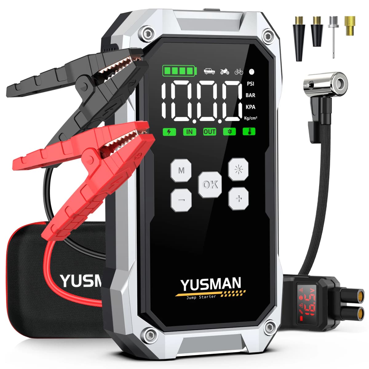 YUSMAN 5000A Peak Car Jump Starter, 150PSI Air Compressor, Portable Flashlight, Power Bank for 12V Cars