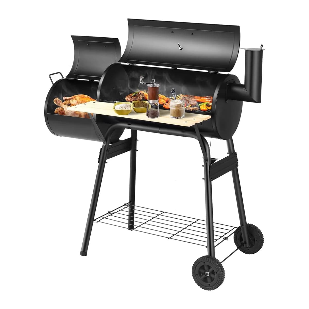 Charcoal Grill with Lid, Smoking Grilling, Grill Trolley with Side Fire Box, Side Table, Shelf, Wooden Handles, Charcoal Grill