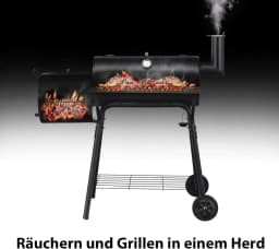 Charcoal Grill with Lid, Smoking Grilling, Grill Trolley with Side Fire Box, Side Table, Shelf, Wooden Handles, Charcoal Grill