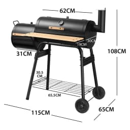 Charcoal Grill with Lid, Smoking Grilling, Grill Trolley with Side Fire Box, Side Table, Shelf, Wooden Handles, Charcoal Grill