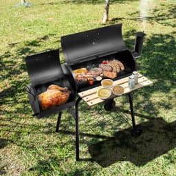 Charcoal Grill with Lid, Smoking Grilling, Grill Trolley with Side Fire Box, Side Table, Shelf, Wooden Handles, Charcoal Grill