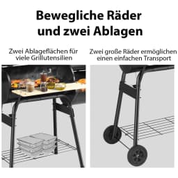Charcoal Grill with Lid, Smoking Grilling, Grill Trolley with Side Fire Box, Side Table, Shelf, Wooden Handles, Charcoal Grill
