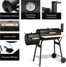 Charcoal Grill with Lid, Smoking Grilling, Grill Trolley with Side Fire Box, Side Table, Shelf, Wooden Handles, Charcoal Grill
