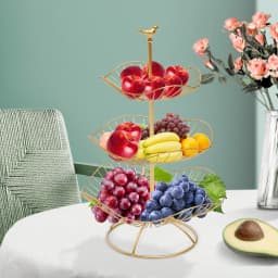 3 Tier Gold Fruit Tray Bowl Holder Storage Basket Open Hollowed-Out Design Bird Lotus-Leaf-Shaped for Placing Apple Pear Orange
