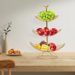 3 Tier Gold Fruit Tray Bowl Holder Storage Basket Open Hollowed-Out Design Bird Lotus-Leaf-Shaped for Placing Apple Pear Orange