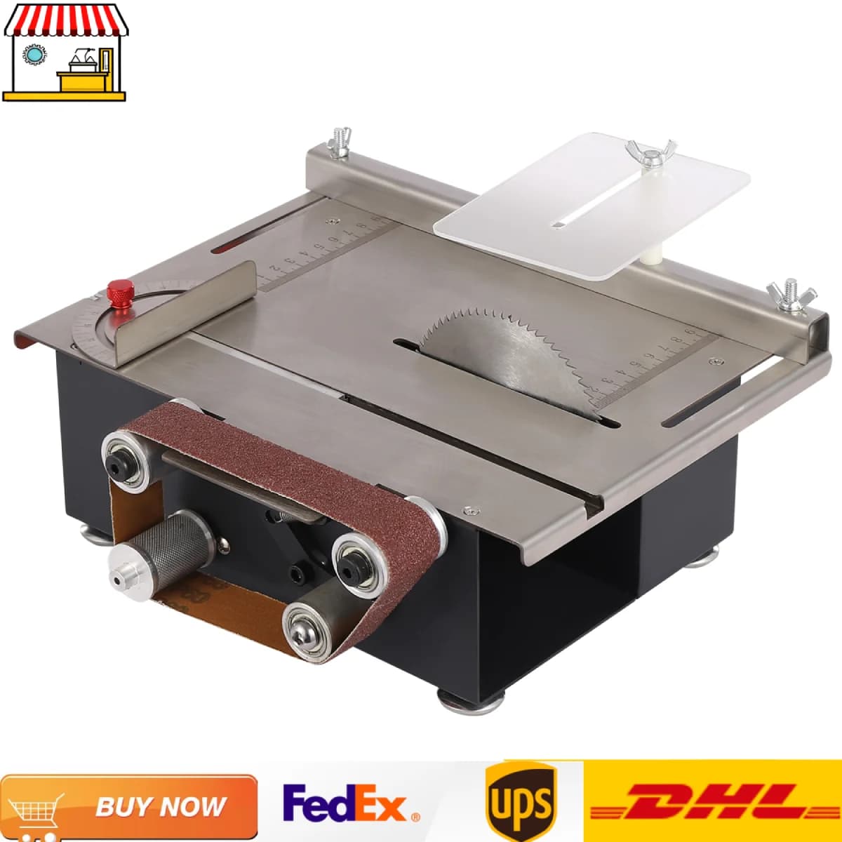 Circular Table Saw and Belt Sander| 2-in-1 Multi-function Mini Bench Saw with 4 Saw Blades,10 Sanding Belts| 7-gear Speeds