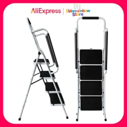 4 Step Ladder with Folding Safety Ramp - Non Slip Heavy Duty 150kg Load Capacity - Adult Steel Step Stool for Home Kitchen Garag