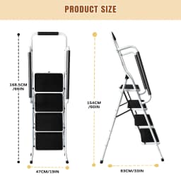 4 Step Ladder with Folding Safety Ramp - Non Slip Heavy Duty 150kg Load Capacity - Adult Steel Step Stool for Home Kitchen Garag