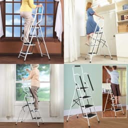 4 Step Ladder with Folding Safety Ramp - Non Slip Heavy Duty 150kg Load Capacity - Adult Steel Step Stool for Home Kitchen Garag