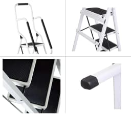 4 Step Ladder with Folding Safety Ramp - Non Slip Heavy Duty 150kg Load Capacity - Adult Steel Step Stool for Home Kitchen Garag