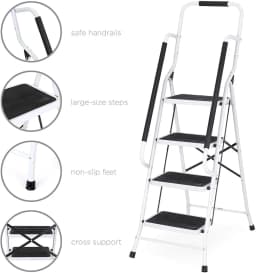 4 Step Ladder with Folding Safety Ramp - Non Slip Heavy Duty 150kg Load Capacity - Adult Steel Step Stool for Home Kitchen Garag