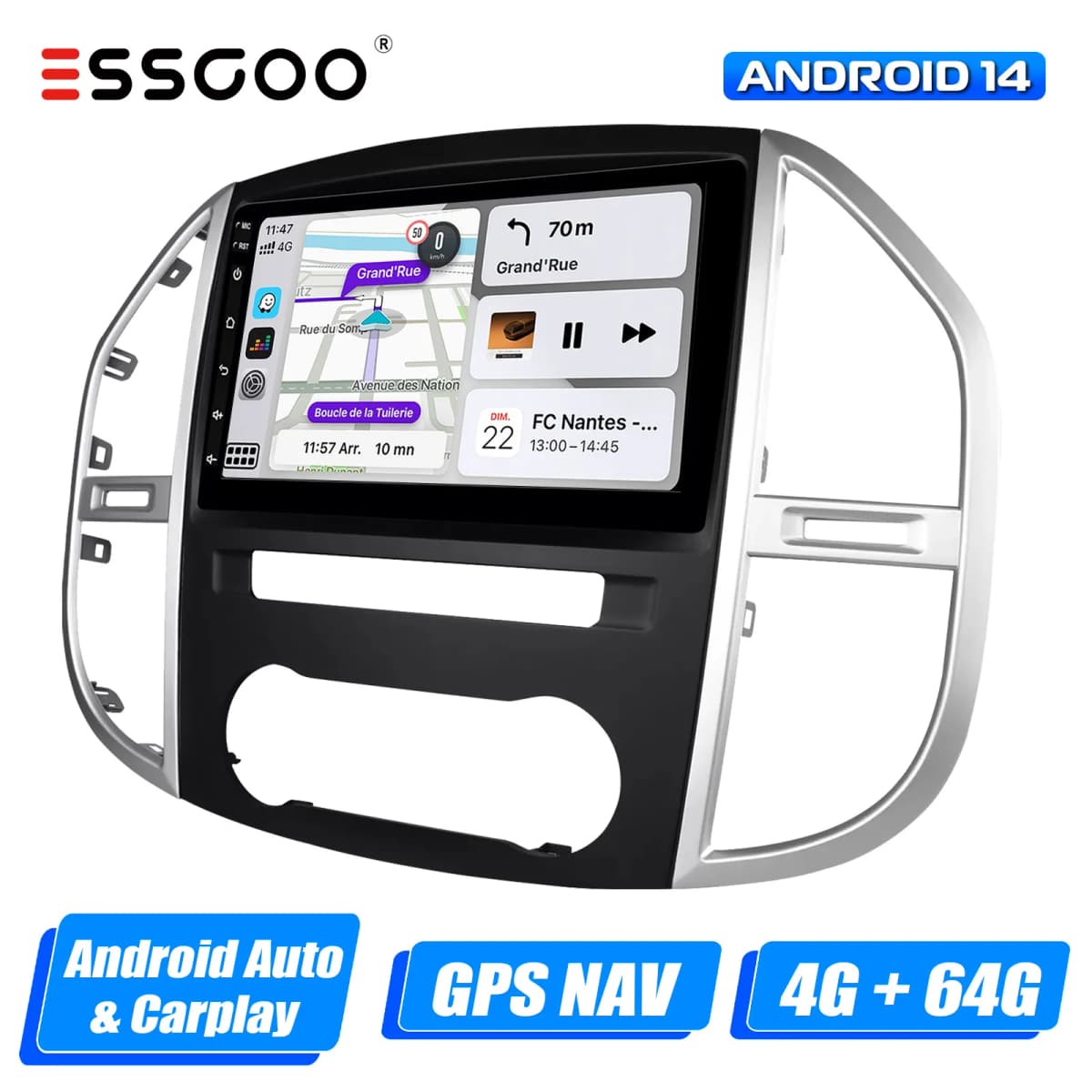 ESSGOO 10.1" Wireless Carplay Android 14 Car Radio For Benz Vito 3 W447 2014-2020 GPS SAT Navi WIFI RDS FM BT Multimedia Player