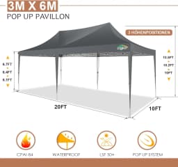 3x6m Folding Gazebo Waterproof Stable Winterproof, Instantly Fold-Out Canopies Outdoor Garden Tent with 6 Side Panels, for Party