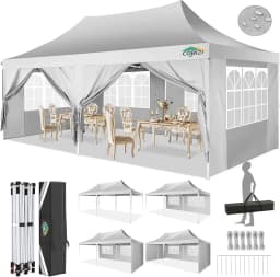 3x6m Folding Gazebo Waterproof Stable Winterproof, Instantly Fold-Out Canopies Outdoor Garden Tent with 6 Side Panels, for Party
