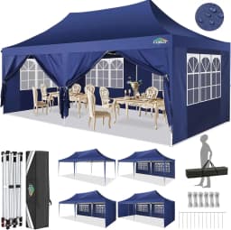 3x6m Folding Gazebo Waterproof Stable Winterproof, Instantly Fold-Out Canopies Outdoor Garden Tent with 6 Side Panels, for Party