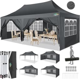 3x6m Folding Gazebo Waterproof Stable Winterproof, Instantly Fold-Out Canopies Outdoor Garden Tent with 6 Side Panels, for Party