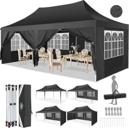 3x6m Folding Gazebo Waterproof Stable Winterproof, Instantly Fold-Out Canopies Outdoor Garden Tent with 6 Side Panels, for Party