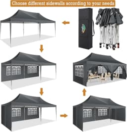 3x6m Folding Gazebo Waterproof Stable Winterproof, Instantly Fold-Out Canopies Outdoor Garden Tent with 6 Side Panels, for Party