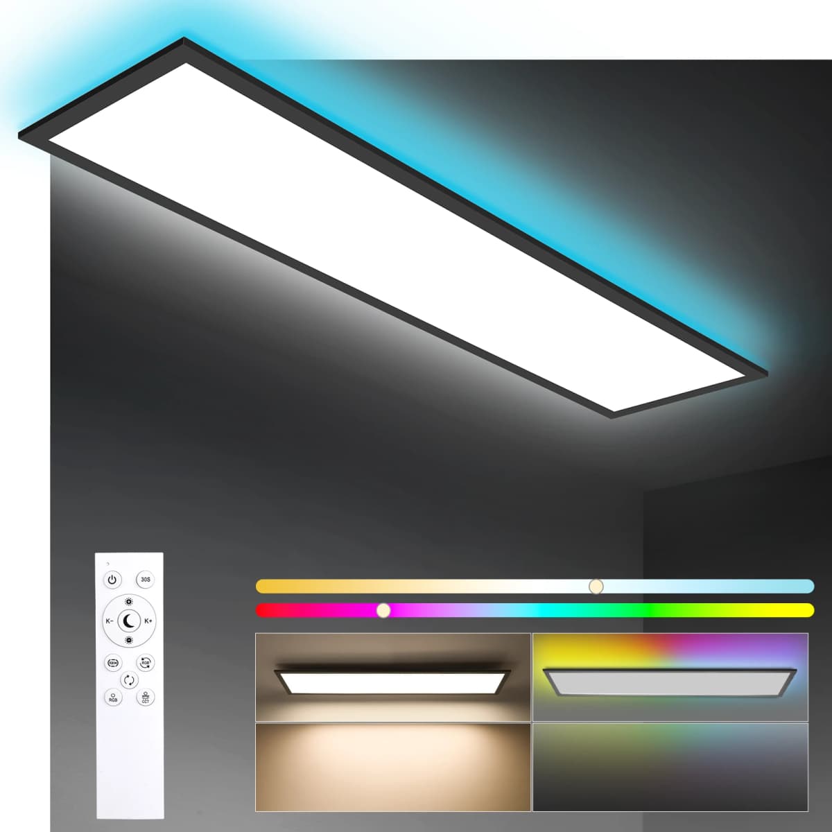 120x30 LED Ceiling Light RGB with Remote, 40W 4800LM Dimmable, Memory Function, 3000K-6500K for Living Room, Bedroom & Office